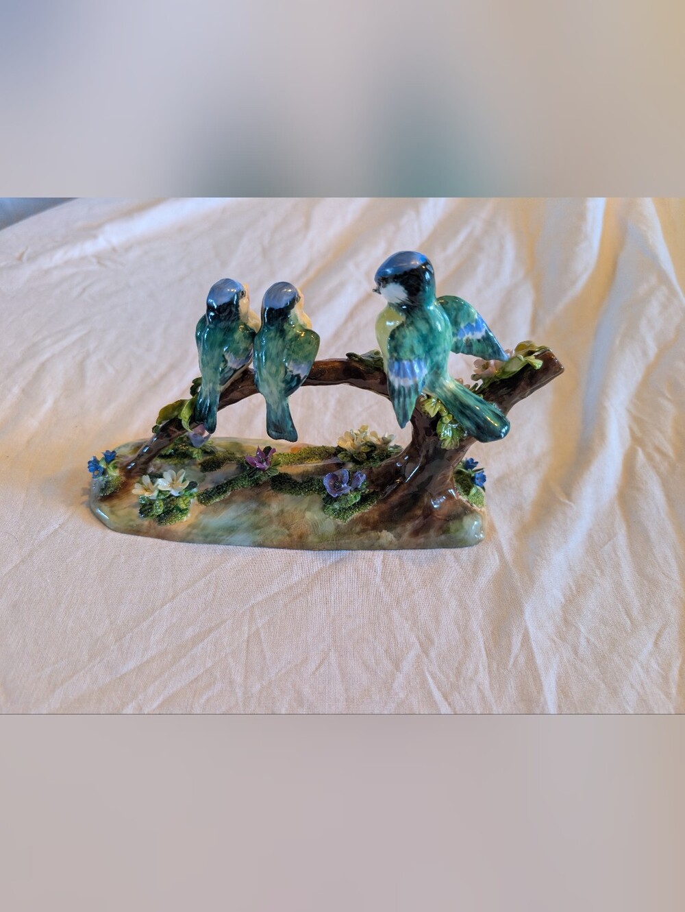 Blue and Yellow Ceramic Bird Figurine Trio on Branch - Decorative Home Accent - Picture 3 of 10